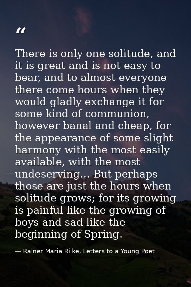 There is only one solitude, and it is great and is not easy to bear, and to almost everyone there come hours when they w — Rainer Maria Rilke, Letters to a Young Poet