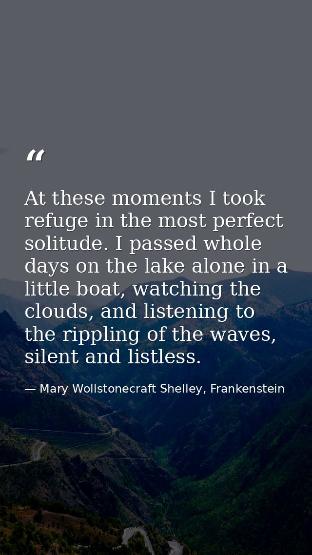 At these moments I took refuge in the most perfect solitude. I passed whole days on the lake alone in a little boat, wat — Mary Wollstonecraft Shelley, Frankenstein