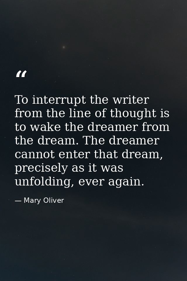 To interrupt the writer from the line of thought is to wake the dreamer from the dream. The dreamer cannot enter that dr — Mary Oliver