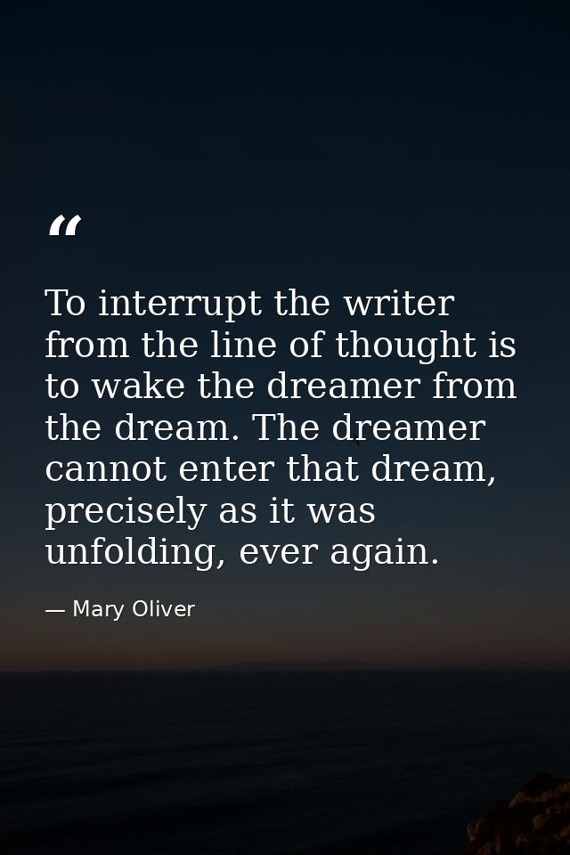 To interrupt the writer from the line of thought is to wake the dreamer from the dream. The dreamer cannot enter that dr — Mary Oliver