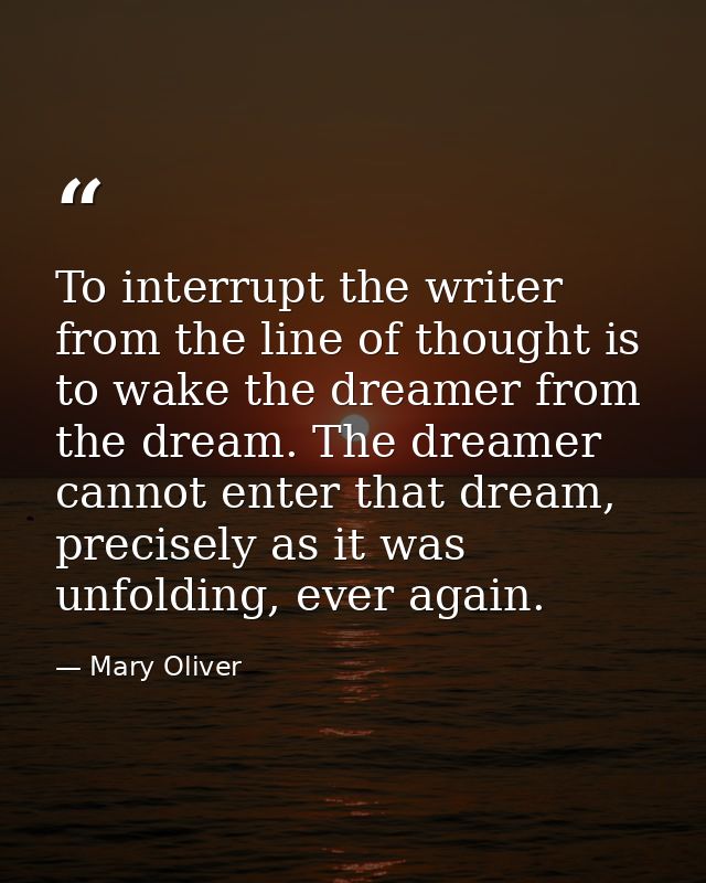 To interrupt the writer from the line of thought is to wake the dreamer from the dream. The dreamer cannot enter that dr — Mary Oliver
