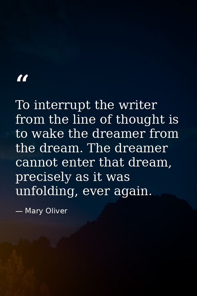 To interrupt the writer from the line of thought is to wake the dreamer from the dream. The dreamer cannot enter that dr — Mary Oliver
