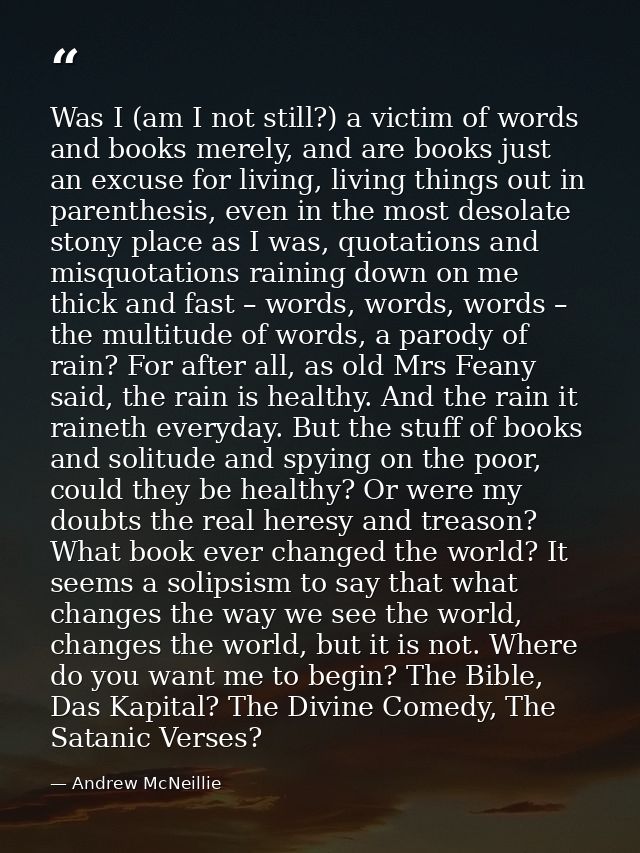 Was I (am I not still?) a victim of words and books merely, and are books just an excuse for living, living things out i — Andrew McNeillie