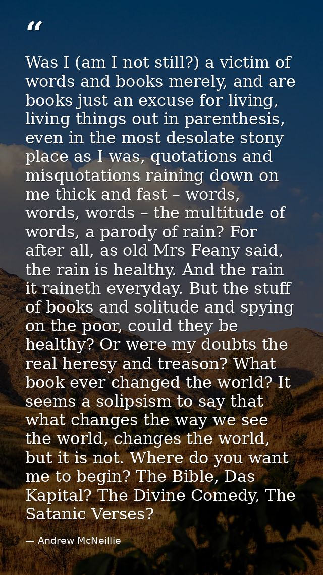Was I (am I not still?) a victim of words and books merely, and are books just an excuse for living, living things out i — Andrew McNeillie