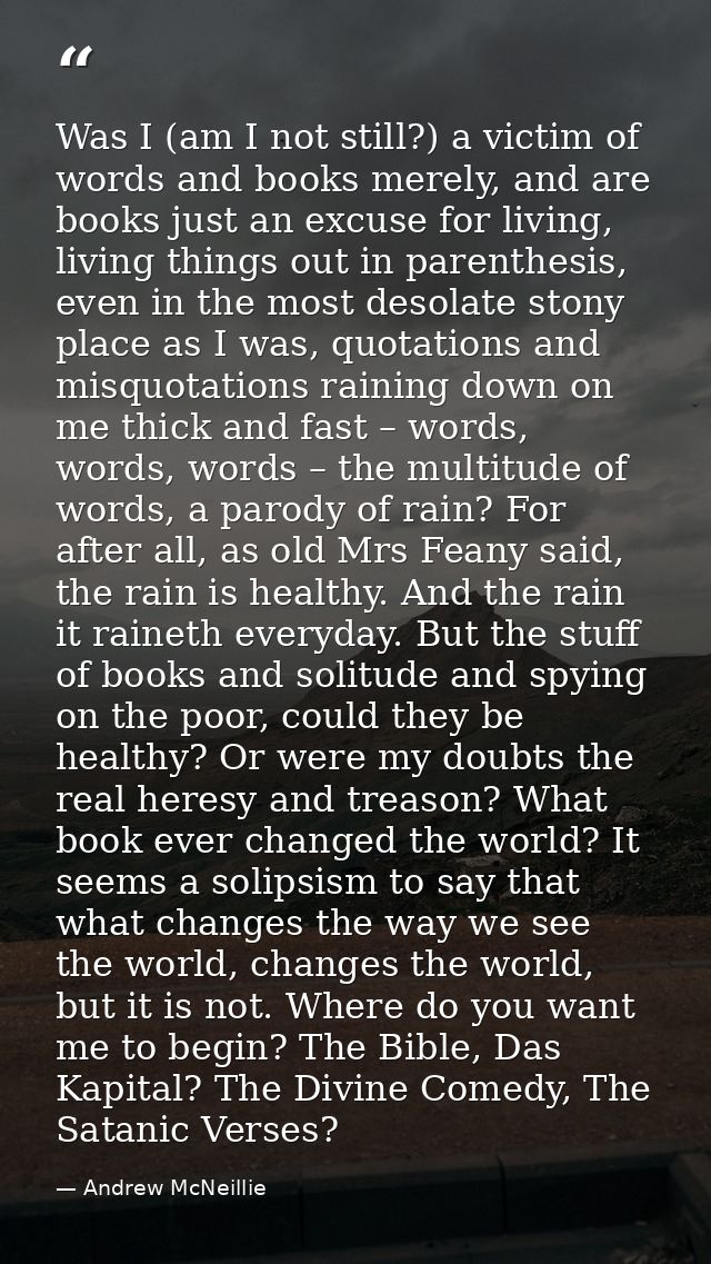 Was I (am I not still?) a victim of words and books merely, and are books just an excuse for living, living things out i — Andrew McNeillie