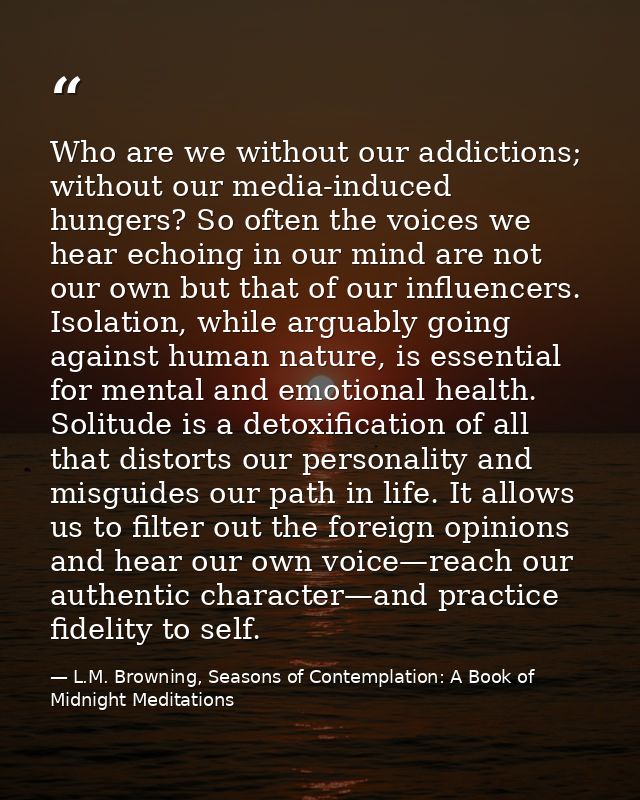Who are we without our addictions; without our media-induced hungers? So often the voices we hear echoing in our mind ar — L.M. Browning, Seasons of Contemplation: A Book of Midnight Meditations