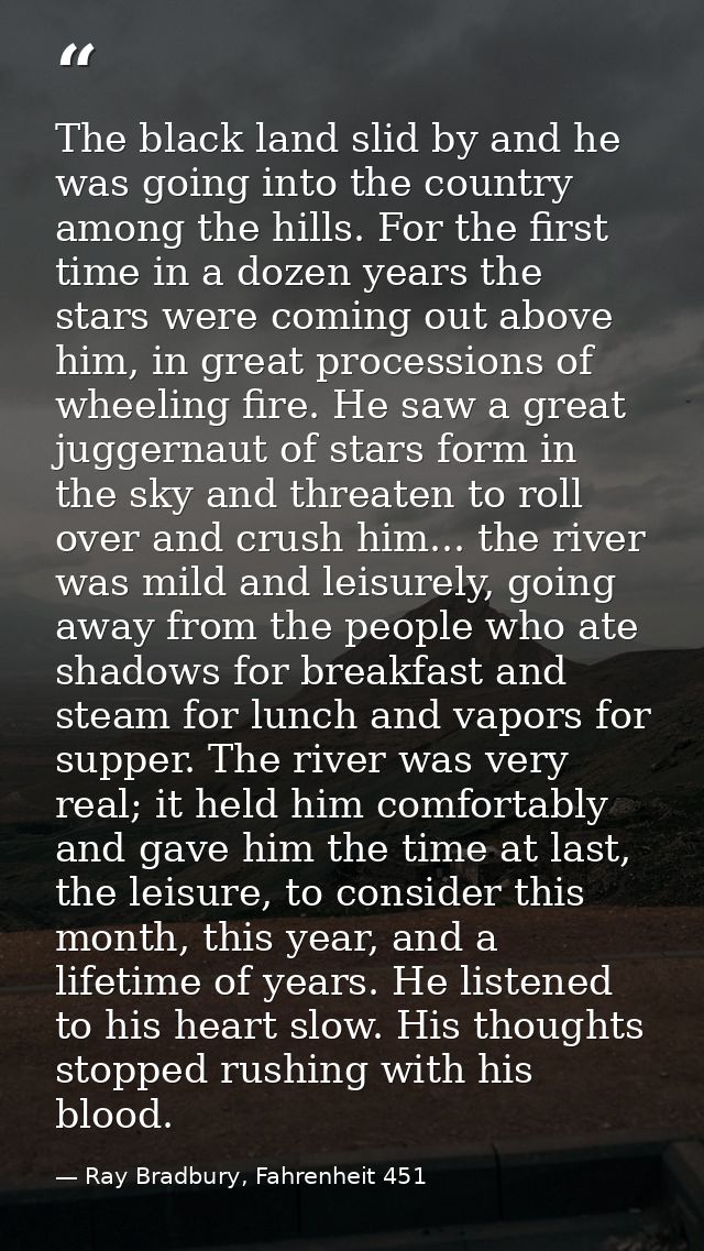 The black land slid by and he was going into the country among the hills. For the first time in a dozen years the stars  — Ray Bradbury, Fahrenheit 451