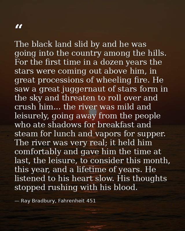 The black land slid by and he was going into the country among the hills. For the first time in a dozen years the stars  — Ray Bradbury, Fahrenheit 451
