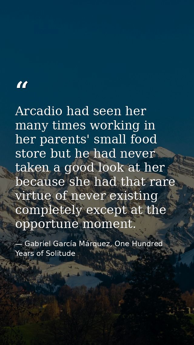 Arcadio had seen her many times working in her parents' small food store but he had never taken a good look at her becau — Gabriel García Márquez, One Hundred Years of Solitude