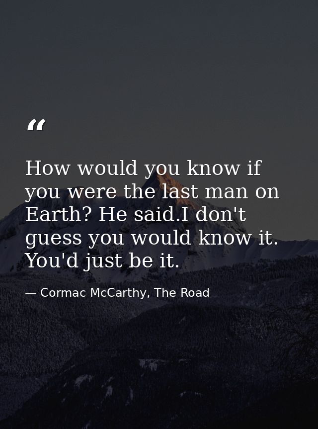 How would you know if you were the last man on Earth? He said.I don't guess you would know it. You'd just be it. — Cormac McCarthy, The Road