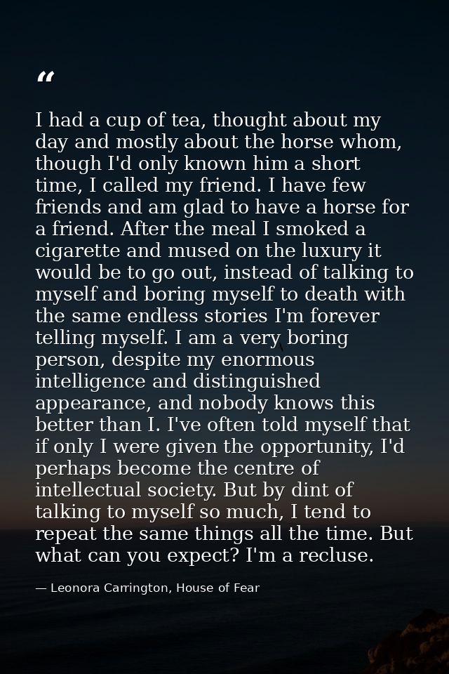 I had a cup of tea, thought about my day and mostly about the horse whom, though I'd only known him a short time, I call — Leonora Carrington, House of Fear