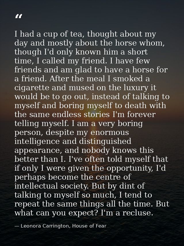 I had a cup of tea, thought about my day and mostly about the horse whom, though I'd only known him a short time, I call — Leonora Carrington, House of Fear