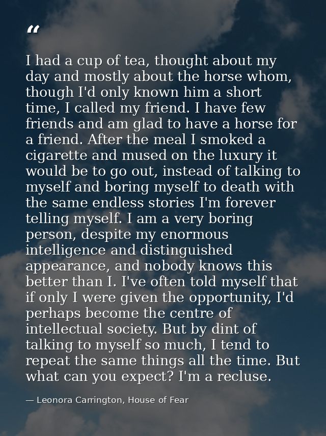 I had a cup of tea, thought about my day and mostly about the horse whom, though I'd only known him a short time, I call — Leonora Carrington, House of Fear