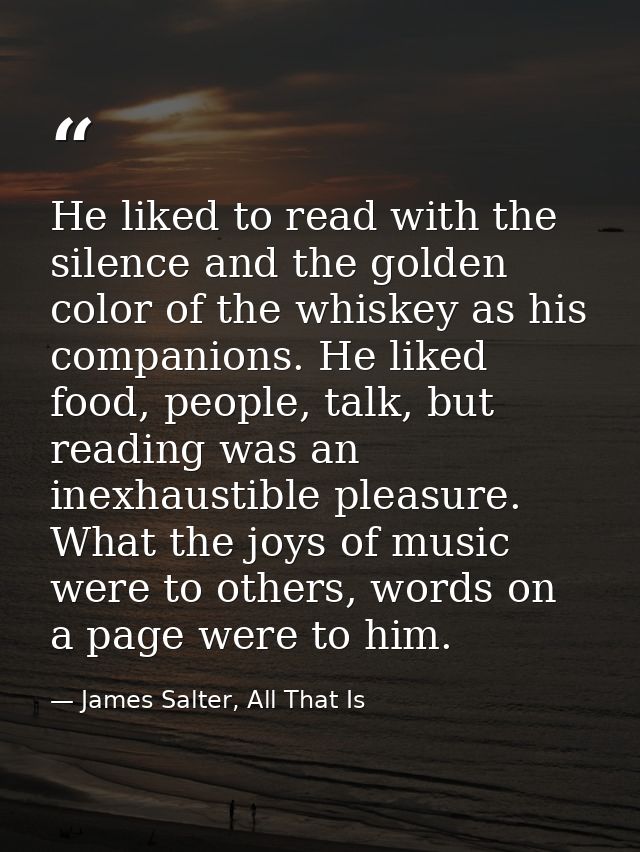 He liked to read with the silence and the golden color of the whiskey as his companions. He liked food, people, talk, bu — James Salter, All That Is