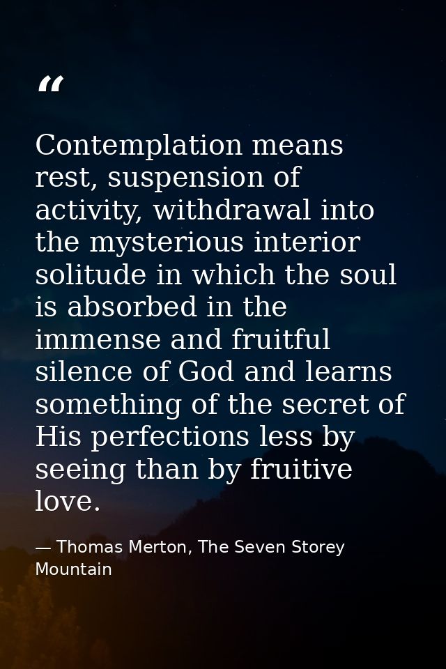 Contemplation means rest, suspension of activity, withdrawal into the mysterious interior solitude in which the soul is  — Thomas Merton, The Seven Storey Mountain