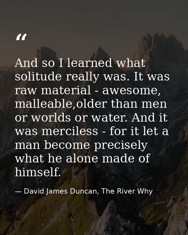 And so I learned what solitude really was. It was raw material - awesome, malleable,older than men or worlds or water. A — David James Duncan, The River Why