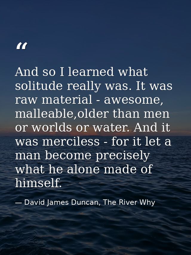 And so I learned what solitude really was. It was raw material - awesome, malleable,older than men or worlds or water. A — David James Duncan, The River Why