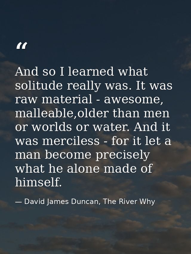 And so I learned what solitude really was. It was raw material - awesome, malleable,older than men or worlds or water. A — David James Duncan, The River Why