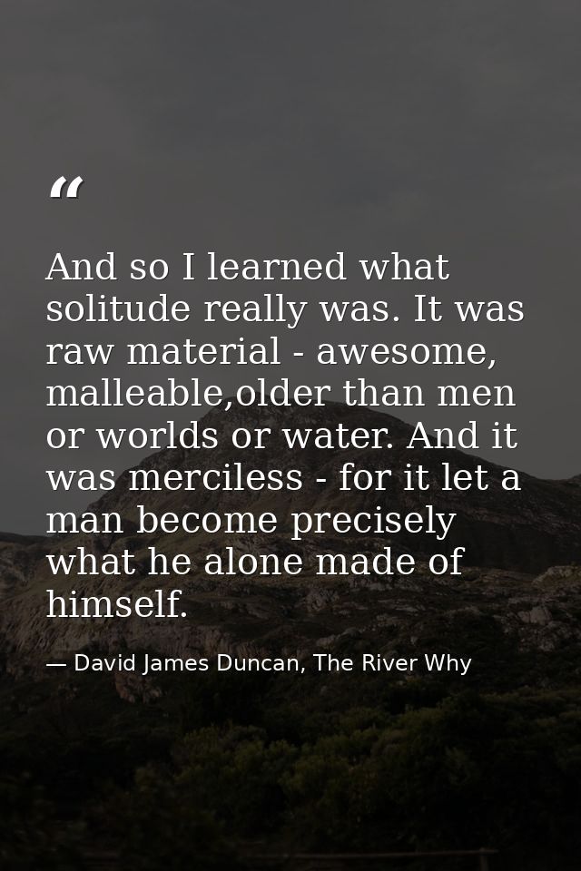 And so I learned what solitude really was. It was raw material - awesome, malleable,older than men or worlds or water. A — David James Duncan, The River Why