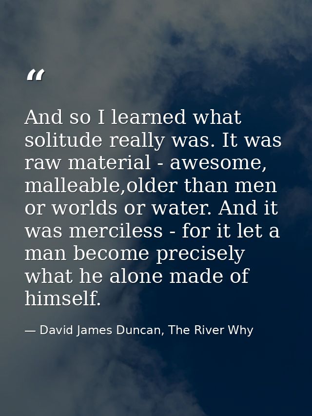 And so I learned what solitude really was. It was raw material - awesome, malleable,older than men or worlds or water. A — David James Duncan, The River Why