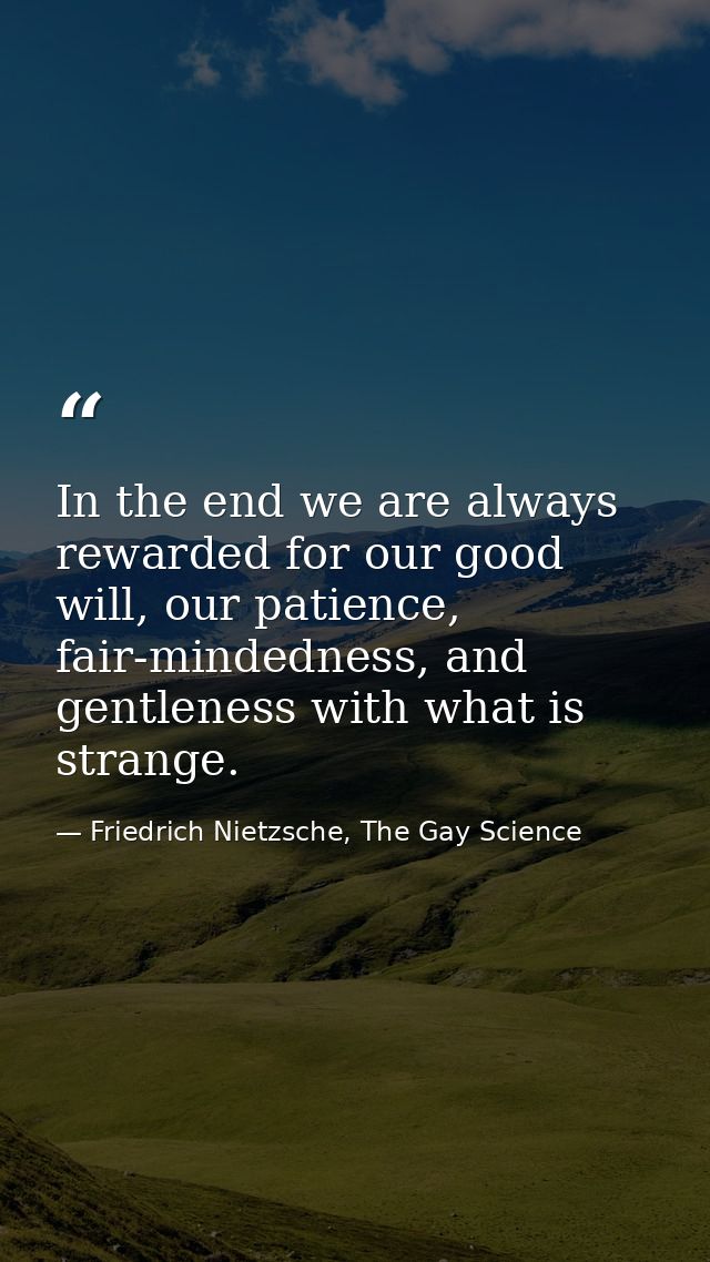 In the end we are always rewarded for our good will, our patience, fair-mindedness, and gentleness with what is strange. — Friedrich Nietzsche, The Gay Science