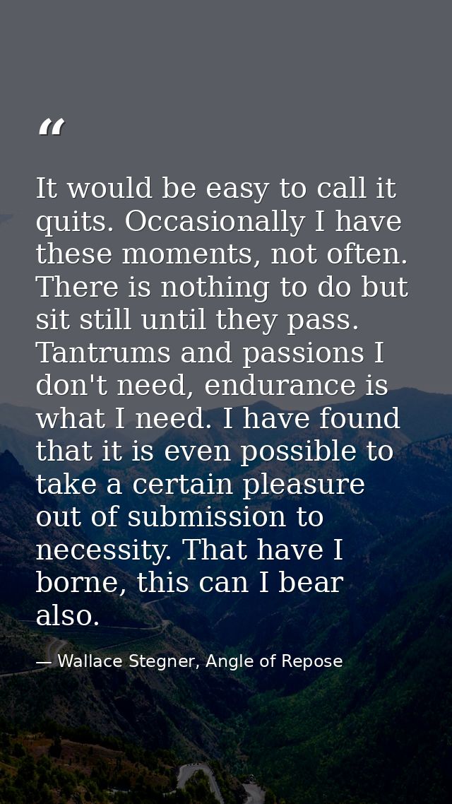 It would be easy to call it quits. Occasionally I have these moments, not often. There is nothing to do but sit still un — Wallace Stegner, Angle of Repose