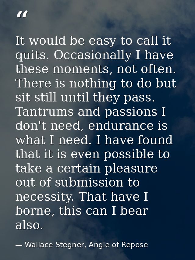 It would be easy to call it quits. Occasionally I have these moments, not often. There is nothing to do but sit still un — Wallace Stegner, Angle of Repose