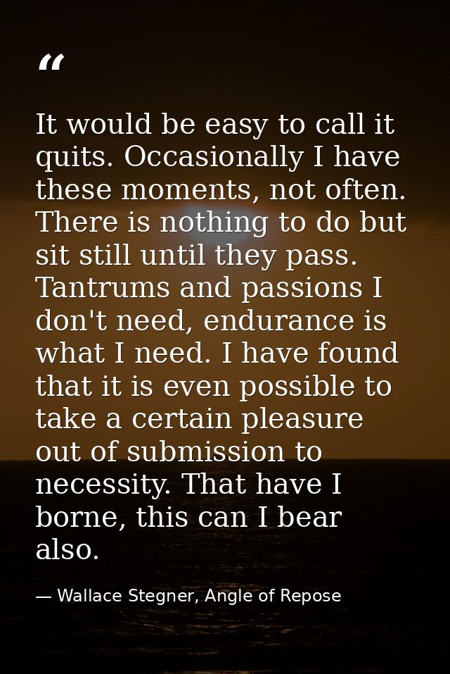 It would be easy to call it quits. Occasionally I have these moments, not often. There is nothing to do but sit still un — Wallace Stegner, Angle of Repose