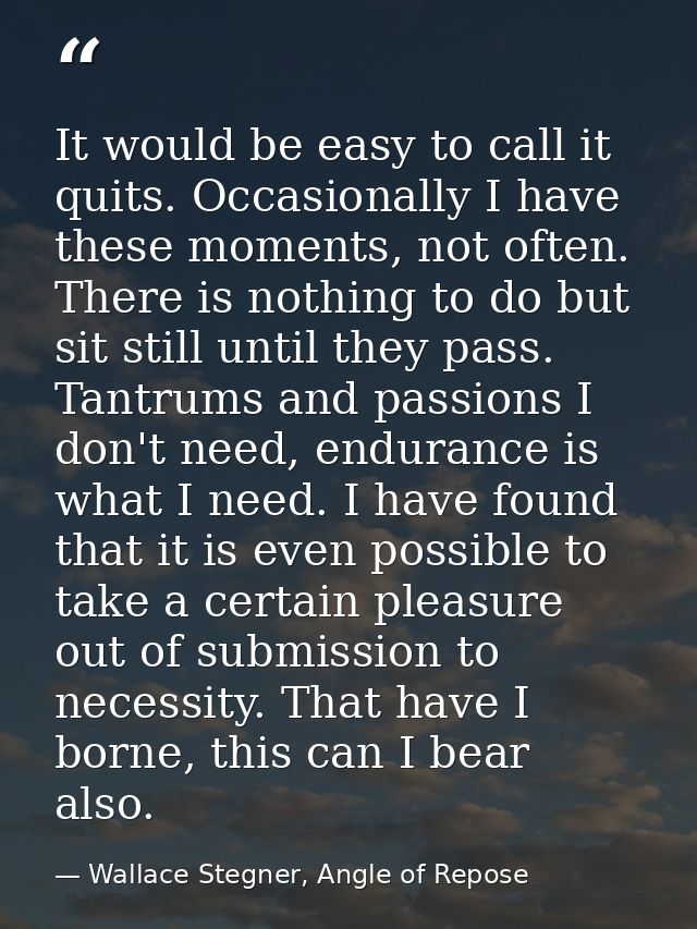 It would be easy to call it quits. Occasionally I have these moments, not often. There is nothing to do but sit still un — Wallace Stegner, Angle of Repose