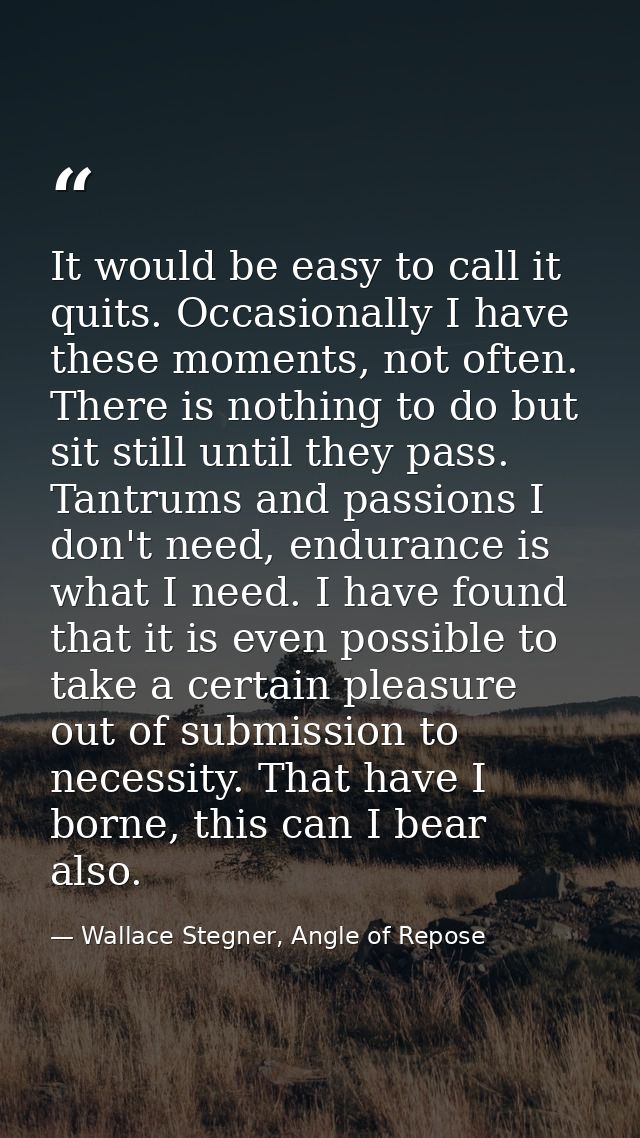 It would be easy to call it quits. Occasionally I have these moments, not often. There is nothing to do but sit still un — Wallace Stegner, Angle of Repose