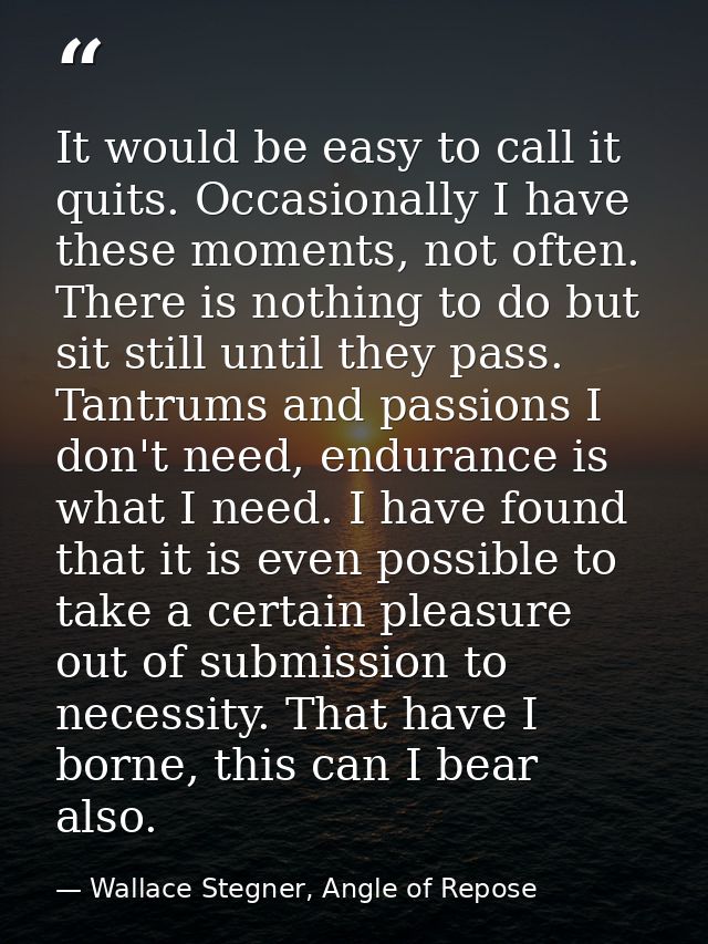 It would be easy to call it quits. Occasionally I have these moments, not often. There is nothing to do but sit still un — Wallace Stegner, Angle of Repose