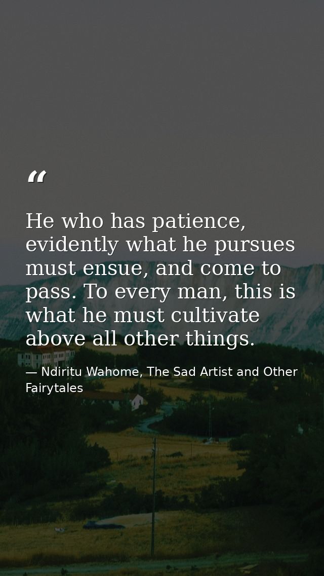 He who has patience, evidently what he pursues must ensue, and come to pass. To every man, this is what he must cultivat — Ndiritu Wahome, The Sad Artist and Other Fairytales