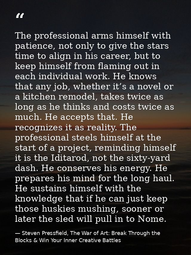 The professional arms himself with patience, not only to give the stars time to align in his career, but to keep himself — Steven Pressfield, The War of Art: Break Through the Blocks & Win Your Inner Creative Battles