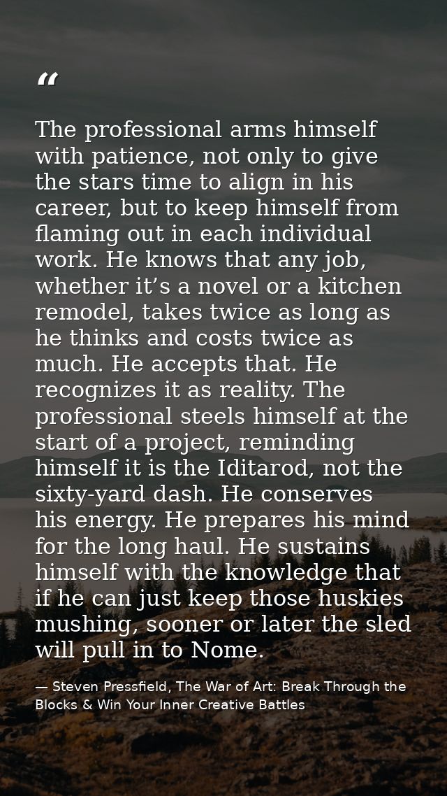 The professional arms himself with patience, not only to give the stars time to align in his career, but to keep himself — Steven Pressfield, The War of Art: Break Through the Blocks & Win Your Inner Creative Battles