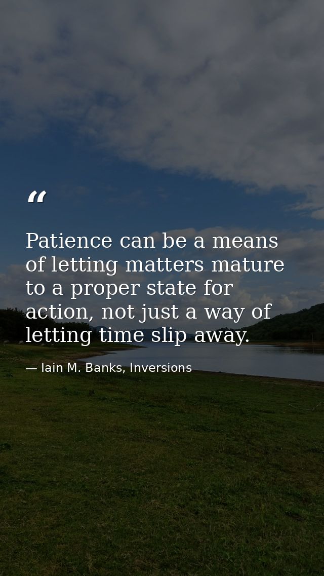 Patience can be a means of letting matters mature to a proper state for action, not just a way of letting time slip away — Iain M. Banks, Inversions