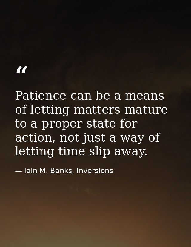 Patience can be a means of letting matters mature to a proper state for action, not just a way of letting time slip away — Iain M. Banks, Inversions