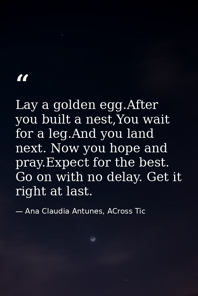 Lay a golden egg.After you built a nest,You wait for a leg.And you land next. Now you hope and pray.Expect for the best. — Ana Claudia Antunes, ACross Tic