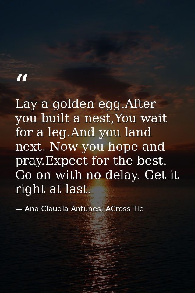 Lay a golden egg.After you built a nest,You wait for a leg.And you land next. Now you hope and pray.Expect for the best. — Ana Claudia Antunes, ACross Tic