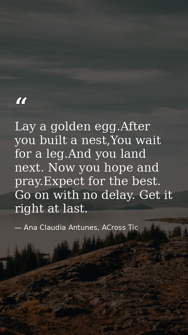 Lay a golden egg.After you built a nest,You wait for a leg.And you land next. Now you hope and pray.Expect for the best. — Ana Claudia Antunes, ACross Tic