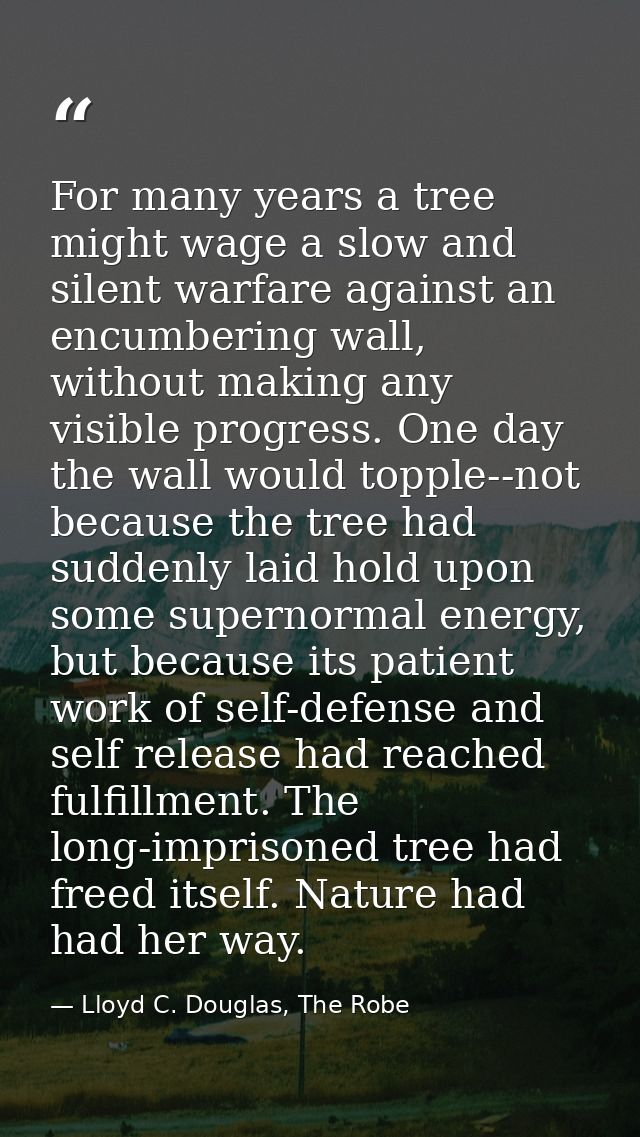 For many years a tree might wage a slow and silent warfare against an encumbering wall, without making any visible progr — Lloyd C. Douglas, The Robe