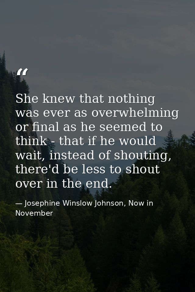 She knew that nothing was ever as overwhelming or final as he seemed to think - that if he would wait, instead of shouti — Josephine Winslow Johnson, Now in November