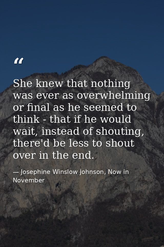 She knew that nothing was ever as overwhelming or final as he seemed to think - that if he would wait, instead of shouti — Josephine Winslow Johnson, Now in November
