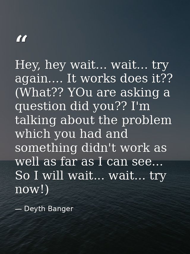 Hey, hey wait... wait... try again.... It works does it?? (What?? YOu are asking a question did you?? I'm talking about  — Deyth Banger