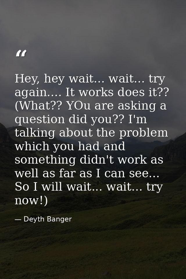 Hey, hey wait... wait... try again.... It works does it?? (What?? YOu are asking a question did you?? I'm talking about  — Deyth Banger
