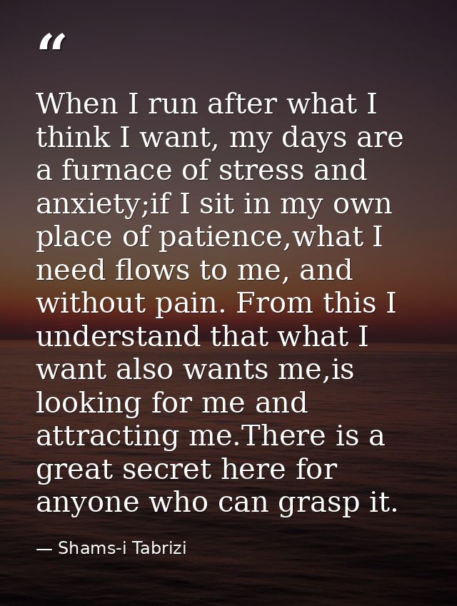 When I run after what I think I want, my days are a furnace of stress and anxiety;if I sit in my own place of patience,w — Shams-i Tabrizi