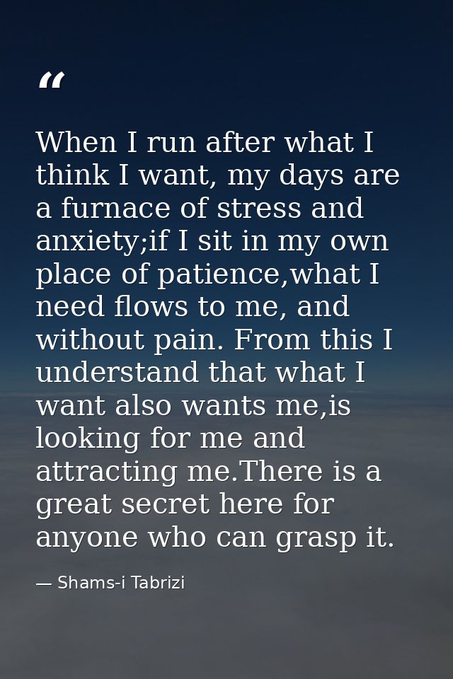 When I run after what I think I want, my days are a furnace of stress and anxiety;if I sit in my own place of patience,w — Shams-i Tabrizi