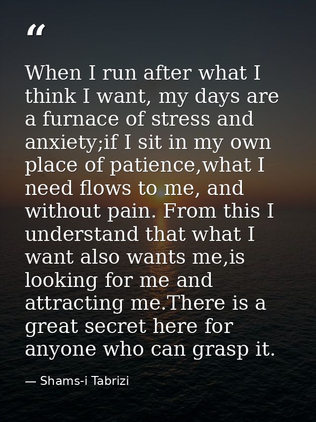 When I run after what I think I want, my days are a furnace of stress and anxiety;if I sit in my own place of patience,w — Shams-i Tabrizi