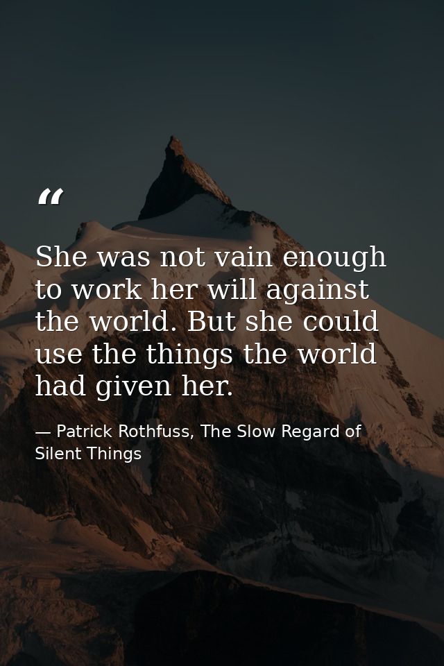 She was not vain enough to work her will against the world. But she could use the things the world had given her. — Patrick Rothfuss, The Slow Regard of Silent Things
