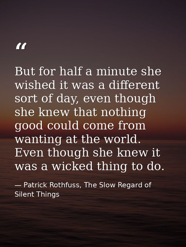 But for half a minute she wished it was a different sort of day, even though she knew that nothing good could come from  — Patrick Rothfuss, The Slow Regard of Silent Things