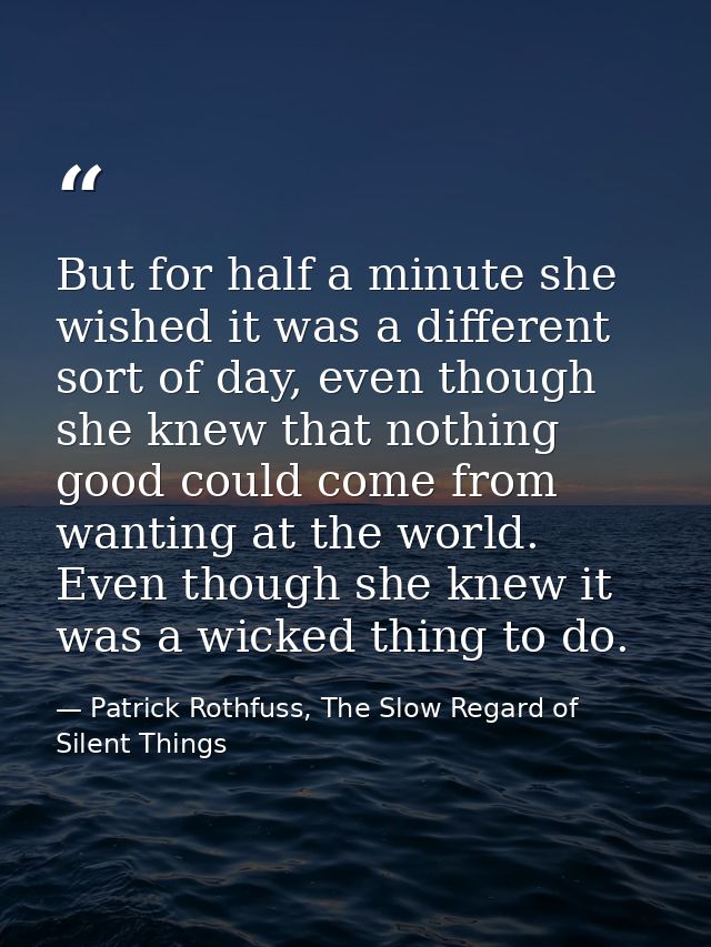But for half a minute she wished it was a different sort of day, even though she knew that nothing good could come from  — Patrick Rothfuss, The Slow Regard of Silent Things